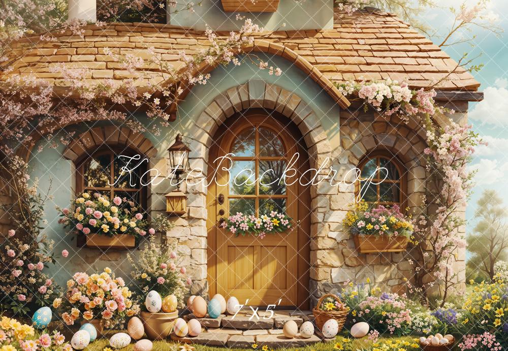 Kate Pâques Cottage Fleurs Œufs Soleil Toile de fond conçue par Emetselch - Kate Backdrop FR