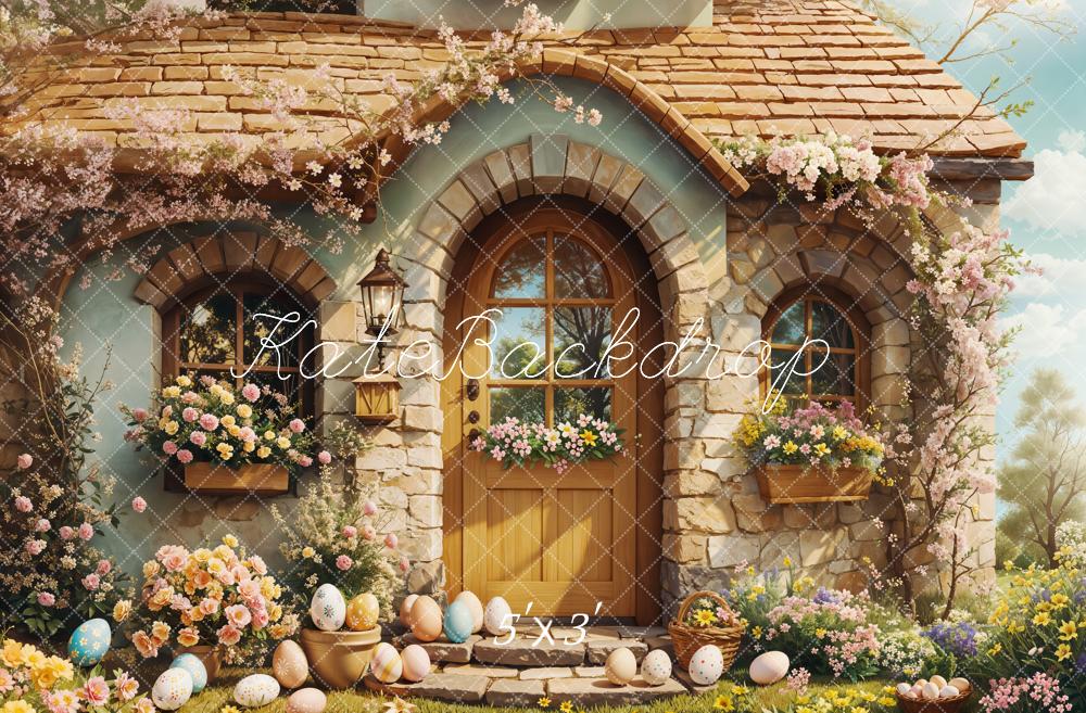 Kate Pâques Cottage Fleurs Œufs Soleil Toile de fond conçue par Emetselch - Kate Backdrop FR