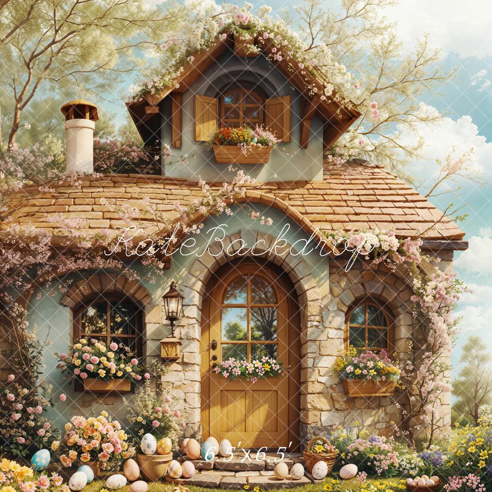 Kate Pâques Cottage Fleurs Œufs Soleil Toile de fond conçue par Emetselch - Kate Backdrop FR