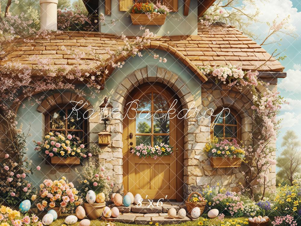 Kate Pâques Cottage Fleurs Œufs Soleil Toile de fond conçue par Emetselch - Kate Backdrop FR