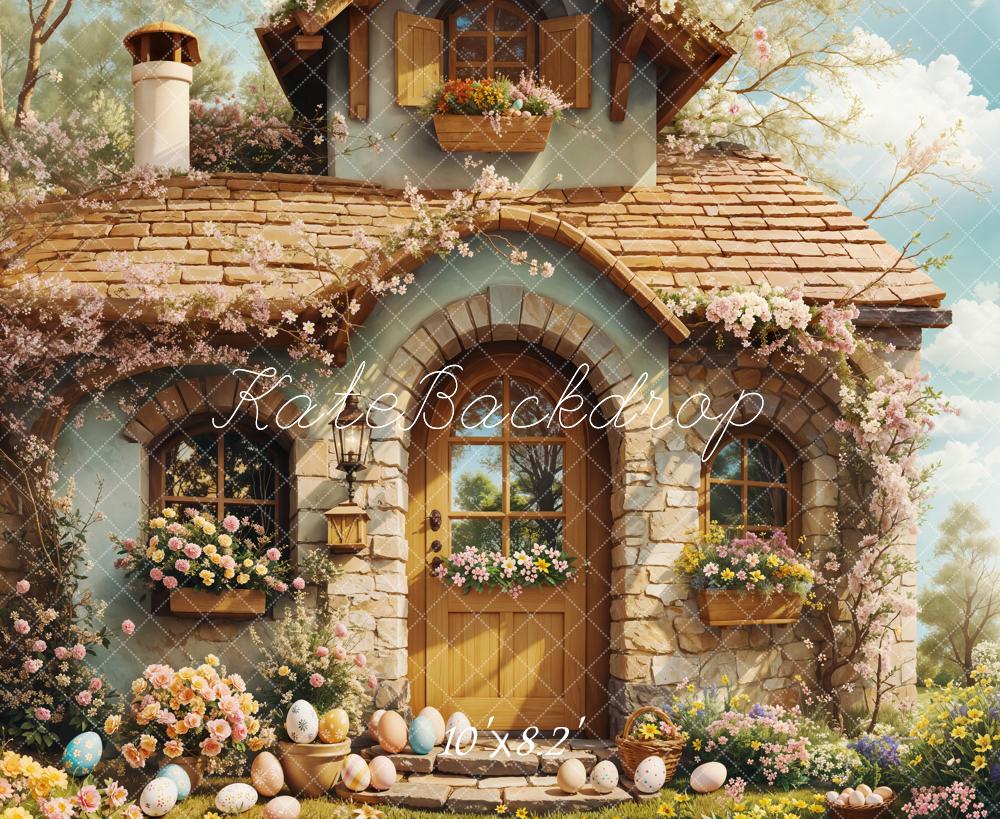 Kate Pâques Cottage Fleurs Œufs Soleil Toile de fond conçue par Emetselch - Kate Backdrop FR