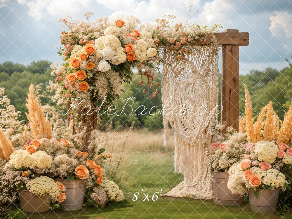 Kate Bohème Fleurs Macramé Mariage Extérieur Toile de fond conçue par Emetselch - Kate Backdrop FR