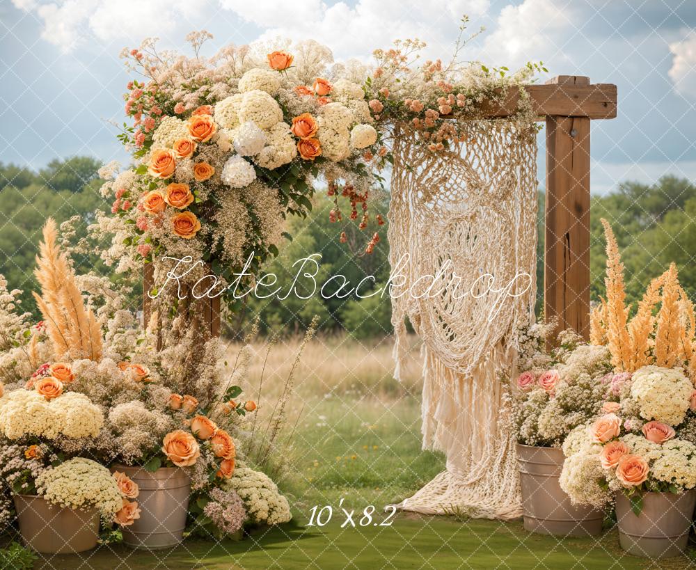 Kate Bohème Fleurs Macramé Mariage Extérieur Toile de fond conçue par Emetselch - Kate Backdrop FR