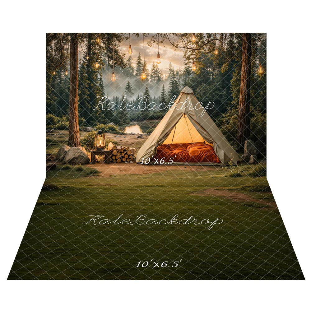 Kate Camping Forêt Tente Lumières Toile de fond+Champ Prairie Vert Sol Toile de fond