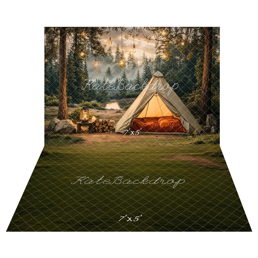 Kate Camping Forêt Tente Lumières Toile de fond+Champ Prairie Vert Sol Toile de fond