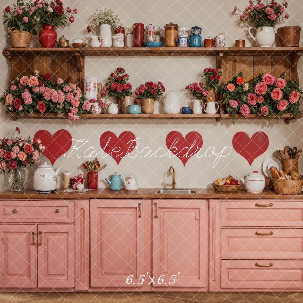 Kate Saint Valentin Cuisine Fleurs Rouge Cœur Toile de fond conçue par Emetselch - Kate Backdrop FR