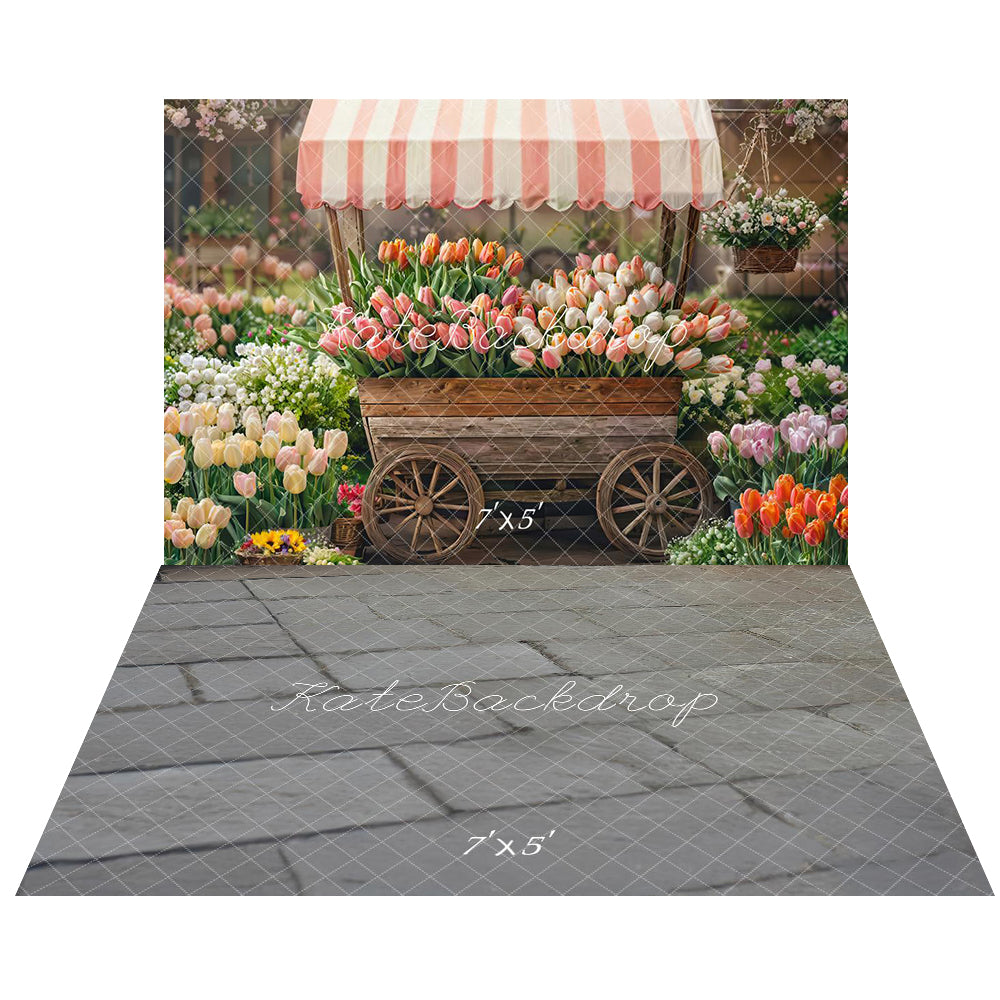 Kate Printemps Chariot de fleurs Tulipes Toile de fond+Pierre Brique Gris Sol Toile de fond