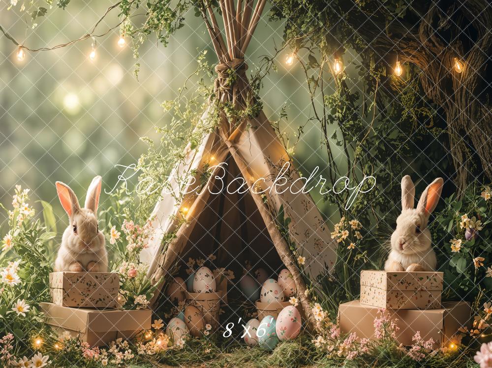 Kate Pâques Lapin Tipi Forêt Vert Lumière Toile de fond conçue par Emetselch