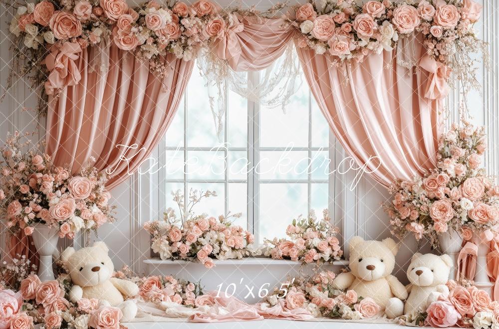 Kate Saint Valentin Fenêtre Nounours Rose Fleurs Toile de fond conçue par Patty Robert