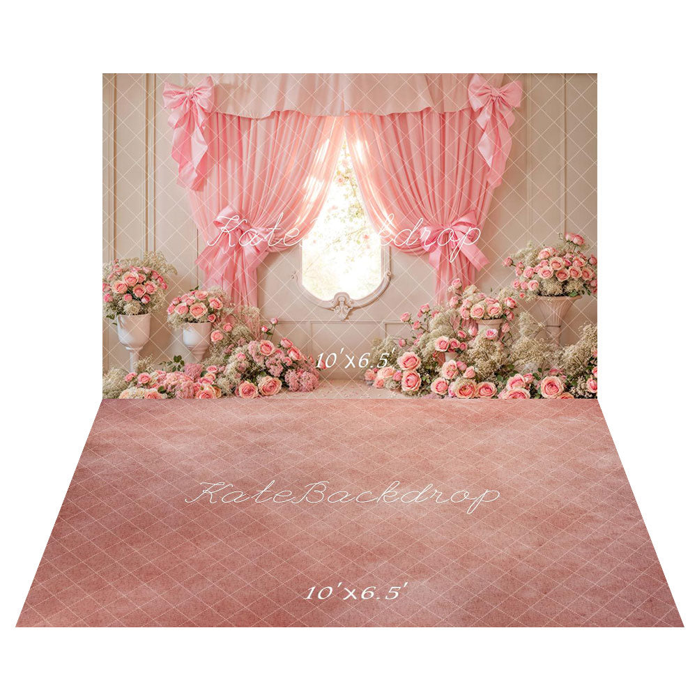 Kate Fleurs Rose Fenêtre Rideau Nœud Toile de fond+Dégradé Rose & Blanc Sol Toile de fond