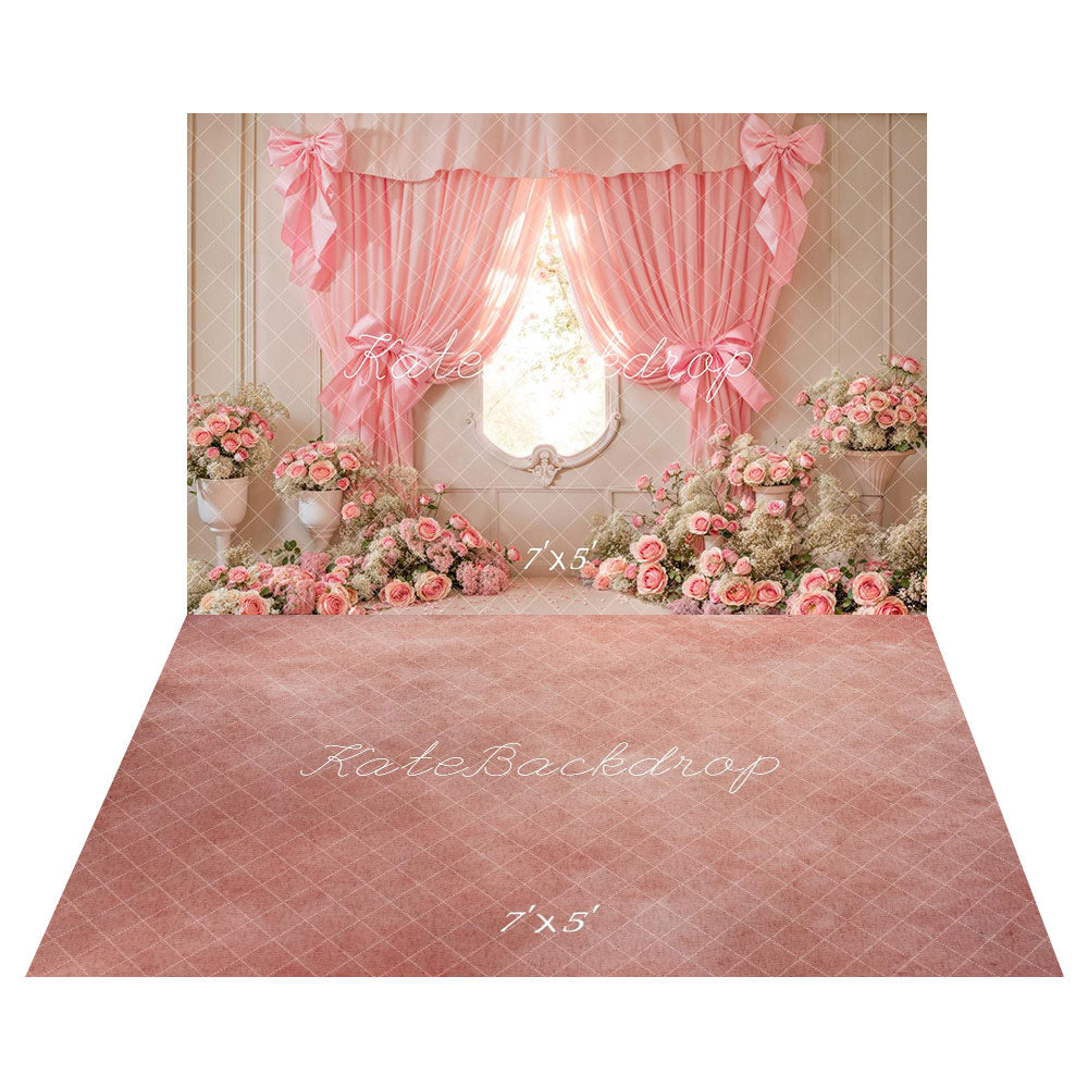 Kate Fleurs Rose Fenêtre Rideau Nœud Toile de fond+Dégradé Rose & Blanc Sol Toile de fond