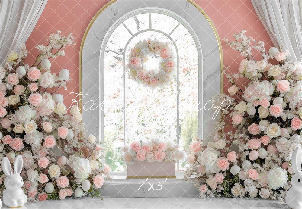 Kate Pâques Lapin Fleurs Fenêtre Rose Toile de fond conçue par Mini MakeBelieve