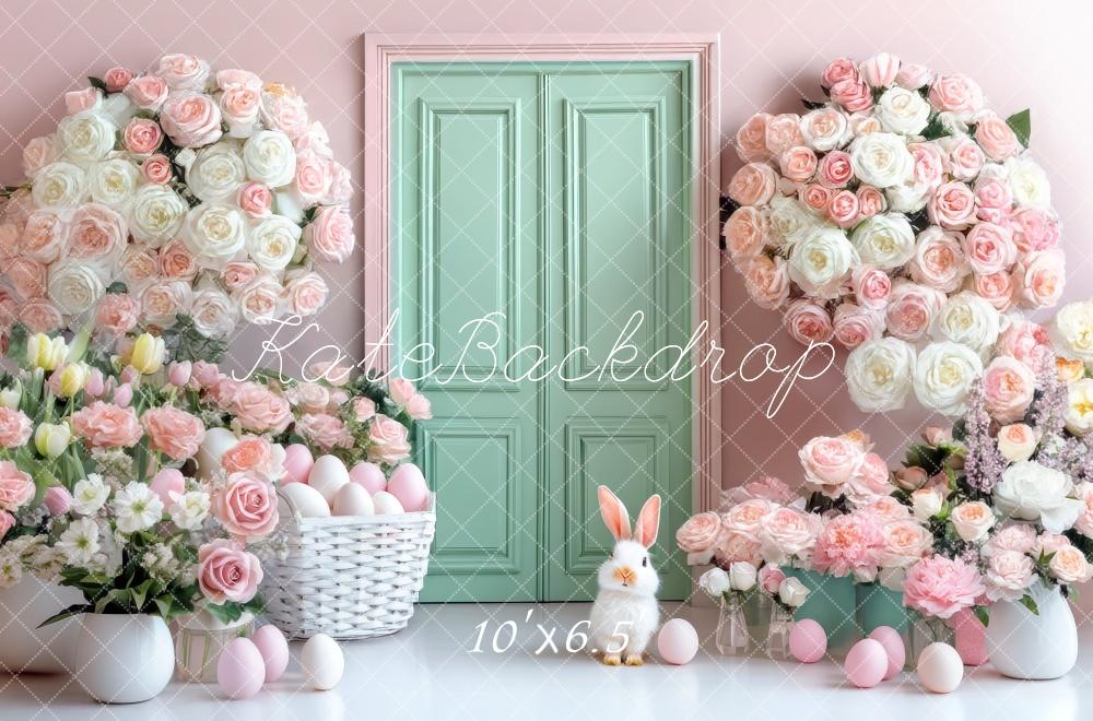 Kate Pâques Fleurs Pastel Porte Vert Menthe Toile de fond conçue par Mini MakeBelieve