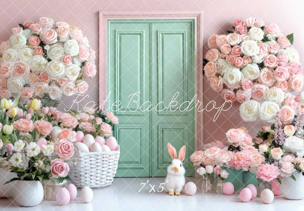 Kate Pâques Fleurs Pastel Porte Vert Menthe Toile de fond conçue par Mini MakeBelieve