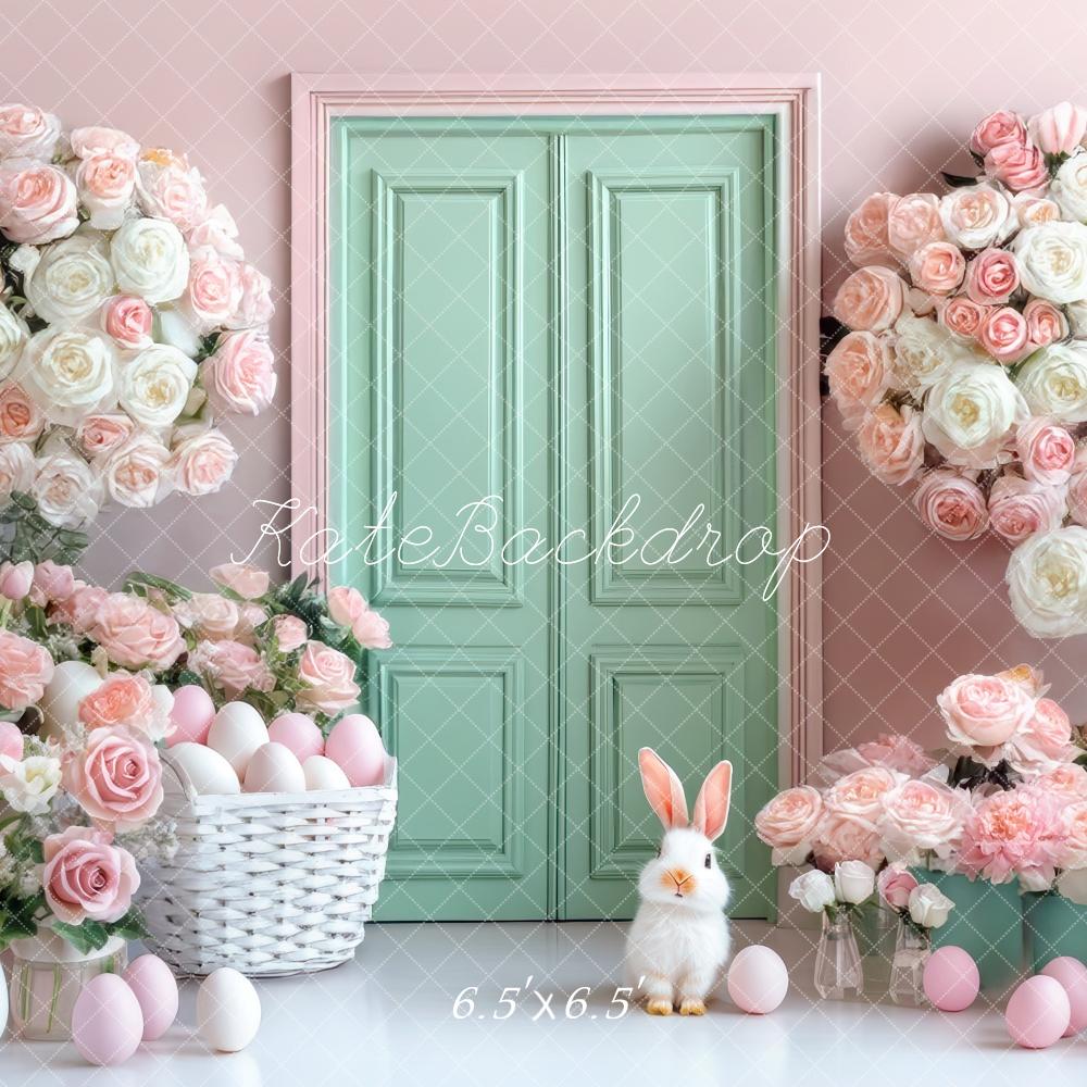 Kate Pâques Fleurs Pastel Porte Vert Menthe Toile de fond conçue par Mini MakeBelieve