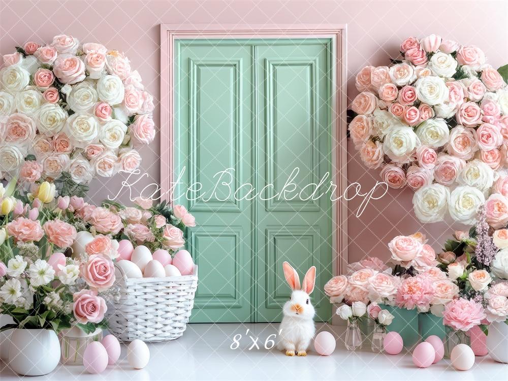 Kate Pâques Fleurs Pastel Porte Vert Menthe Toile de fond conçue par Mini MakeBelieve