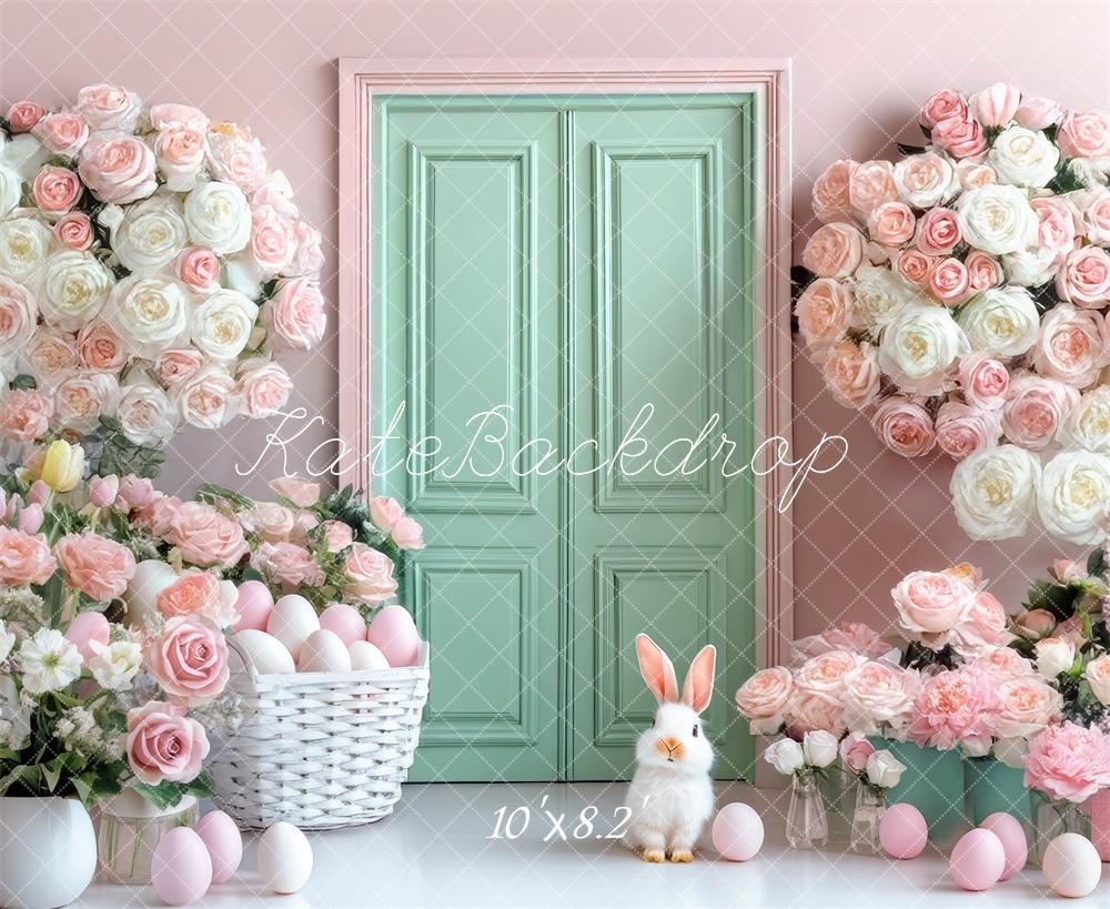 Kate Pâques Fleurs Pastel Porte Vert Menthe Toile de fond conçue par Mini MakeBelieve