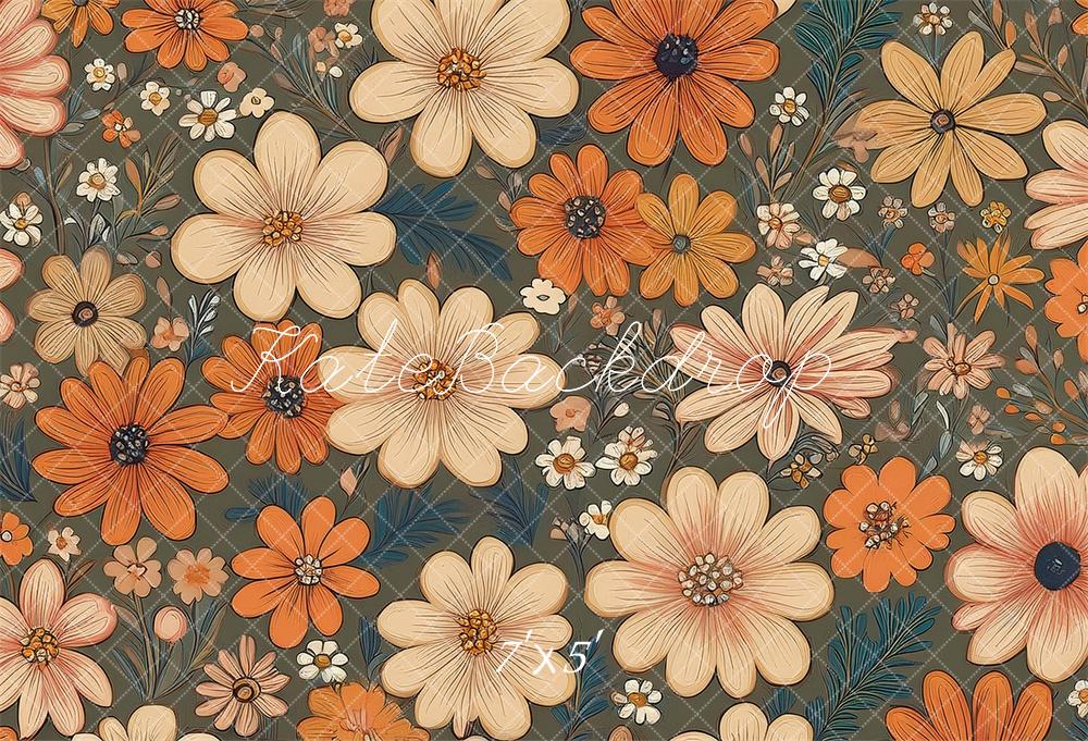 Kate Fleurs Rétro Bleu sarcelle Orange Ivoire Toile de fond conçue par Mandy Ringe