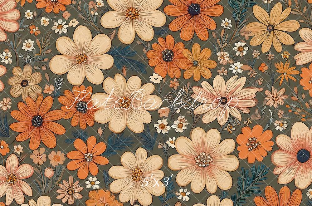 Kate Fleurs Rétro Bleu sarcelle Orange Ivoire Toile de fond conçue par Mandy Ringe