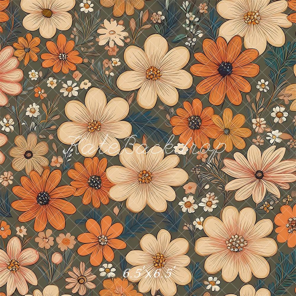 Kate Fleurs Rétro Bleu sarcelle Orange Ivoire Toile de fond conçue par Mandy Ringe