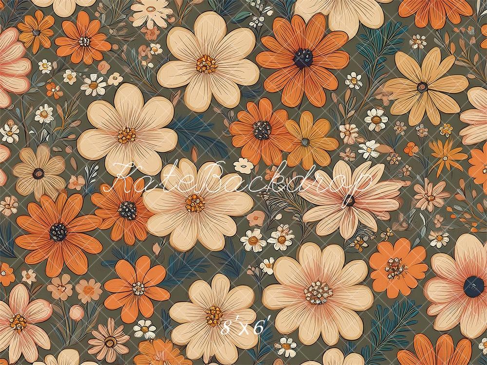 Kate Fleurs Rétro Bleu sarcelle Orange Ivoire Toile de fond conçue par Mandy Ringe