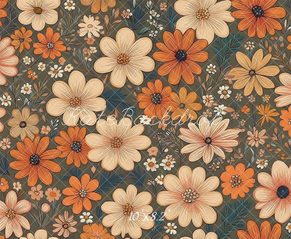 Kate Fleurs Rétro Bleu sarcelle Orange Ivoire Toile de fond conçue par Mandy Ringe