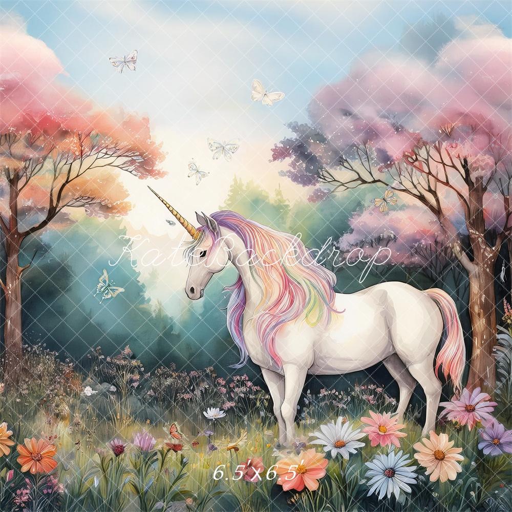 Kate Licorne Forêt Pastel Floral Enfant Toile de fond conçue par Mandy Ringe