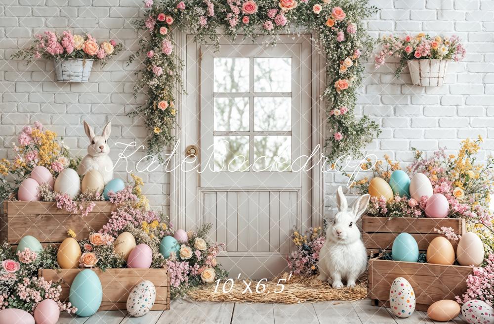 Kate Pâques Lapin Œufs Fleurs Porte Blanc Toile de fond conçue par Emetselch