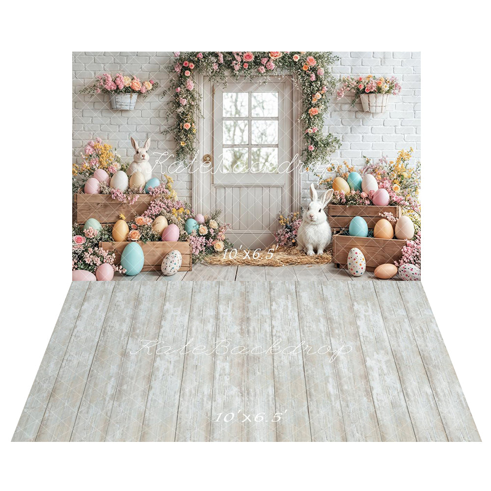 Kate Pâques Lapin Œufs Fleurs Porte Blanc Toile de fond+Vintage Bois Blanc Sol Toile de fond