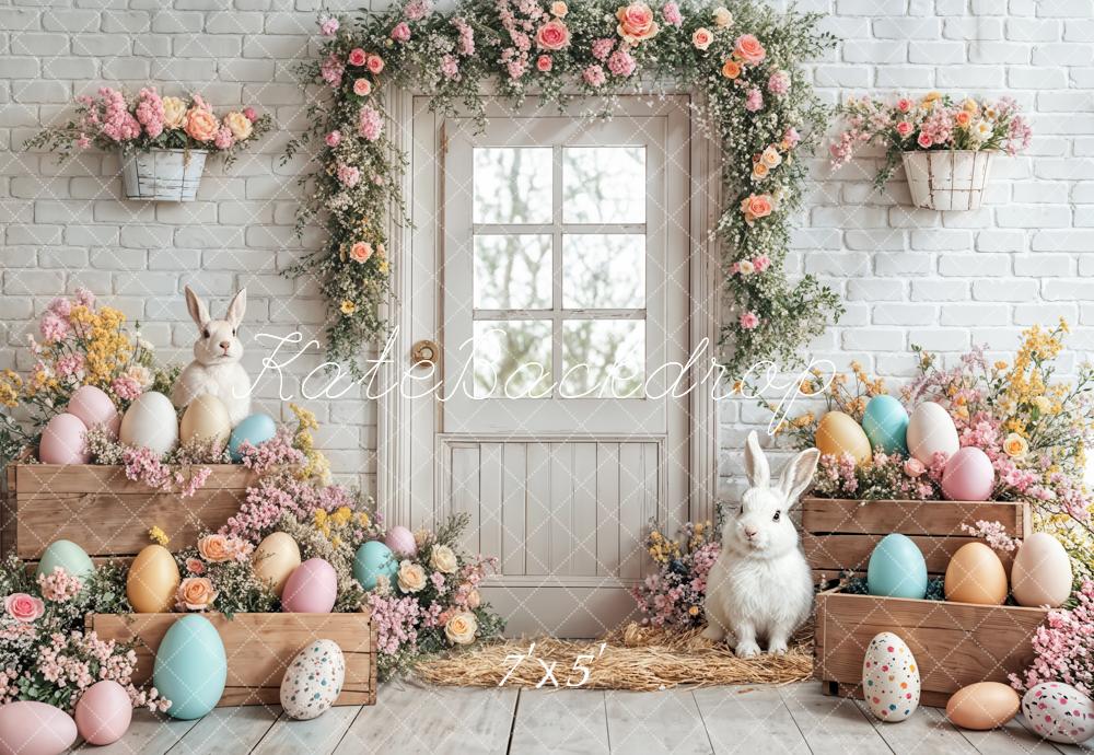 Kate Pâques Lapin Œufs Fleurs Porte Blanc Toile de fond conçue par Emetselch