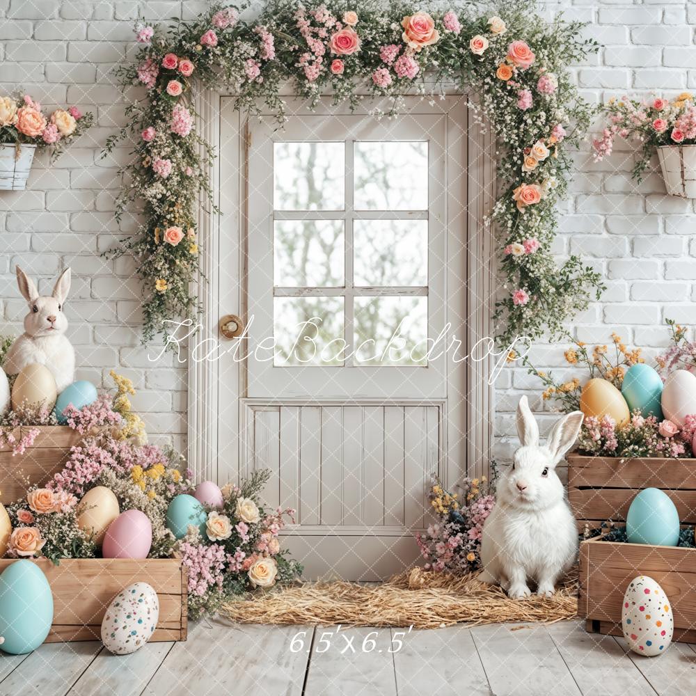 Kate Pâques Lapin Œufs Fleurs Porte Blanc Toile de fond conçue par Emetselch