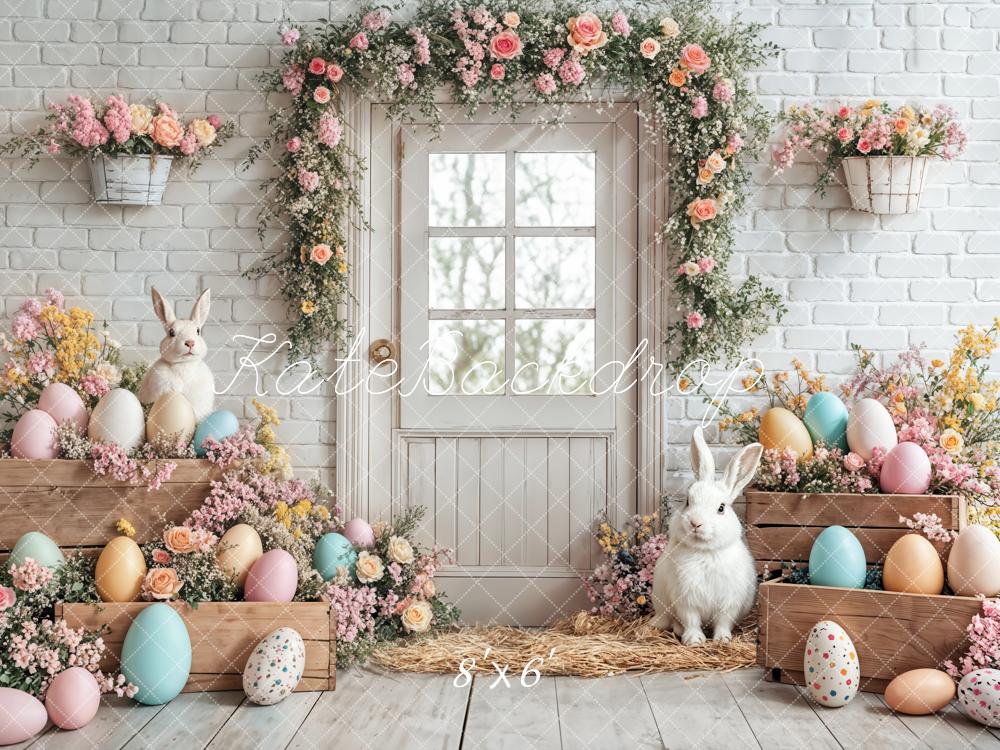 Kate Pâques Lapin Œufs Fleurs Porte Blanc Toile de fond conçue par Emetselch