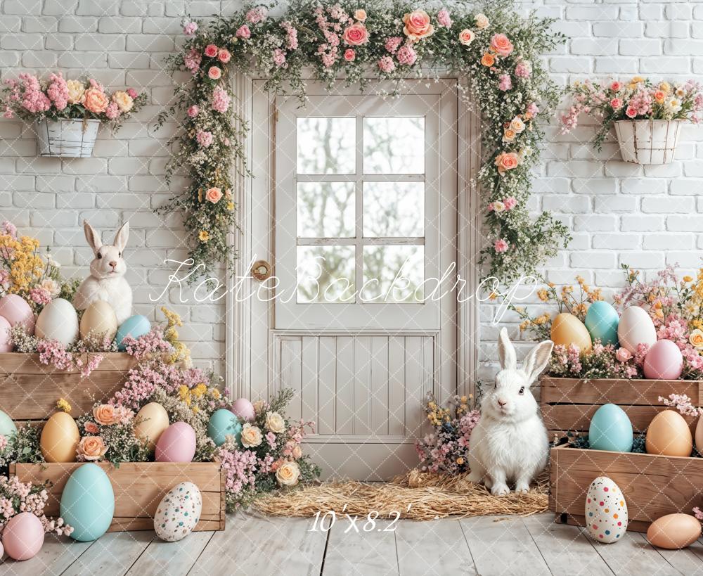 Kate Pâques Lapin Œufs Fleurs Porte Blanc Toile de fond conçue par Emetselch