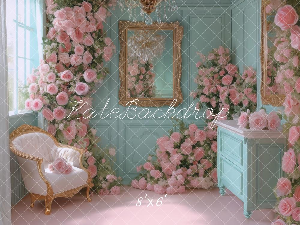 Kate Chambre Bleu Vintage Roses Miroir Toile de fond conçue par Mini MakeBelieve