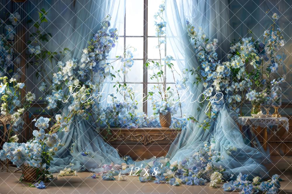 Kate Bleu Fleurs Rideau Fenêtre Chambre Toile de fond en Laine conçue par Emetselch