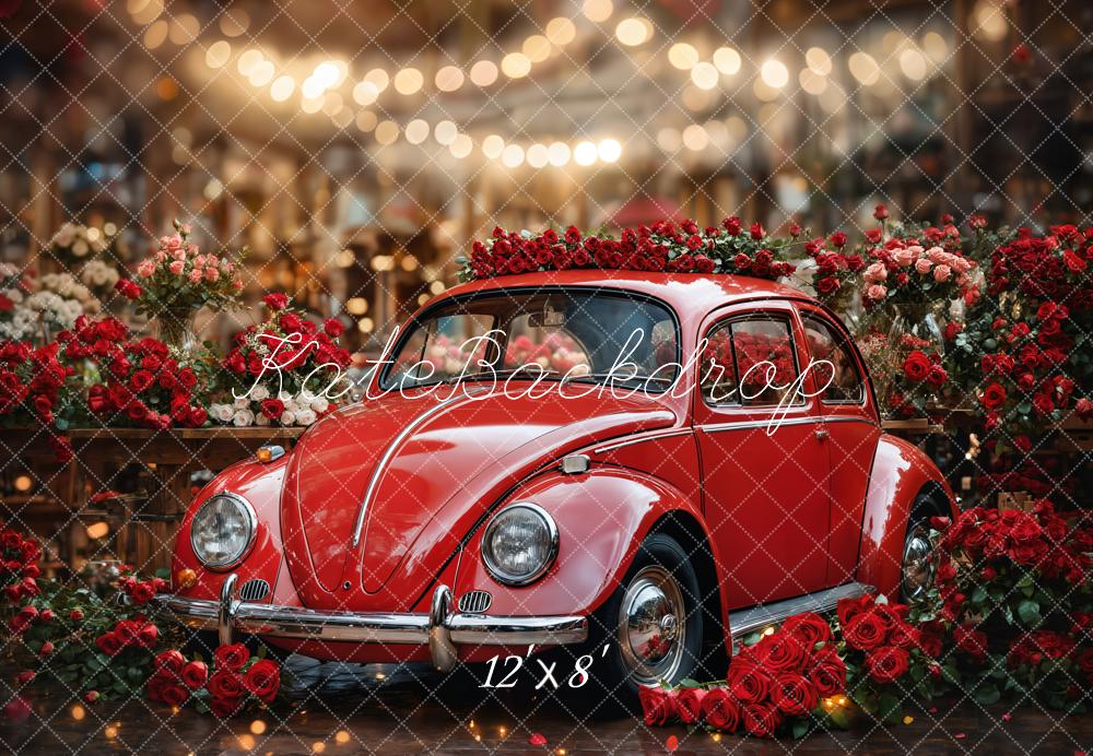 Kate Saint Valentin Vintage Voiture Rouge Roses Toile de fond conçue par Emetselch - Kate Backdrop FR