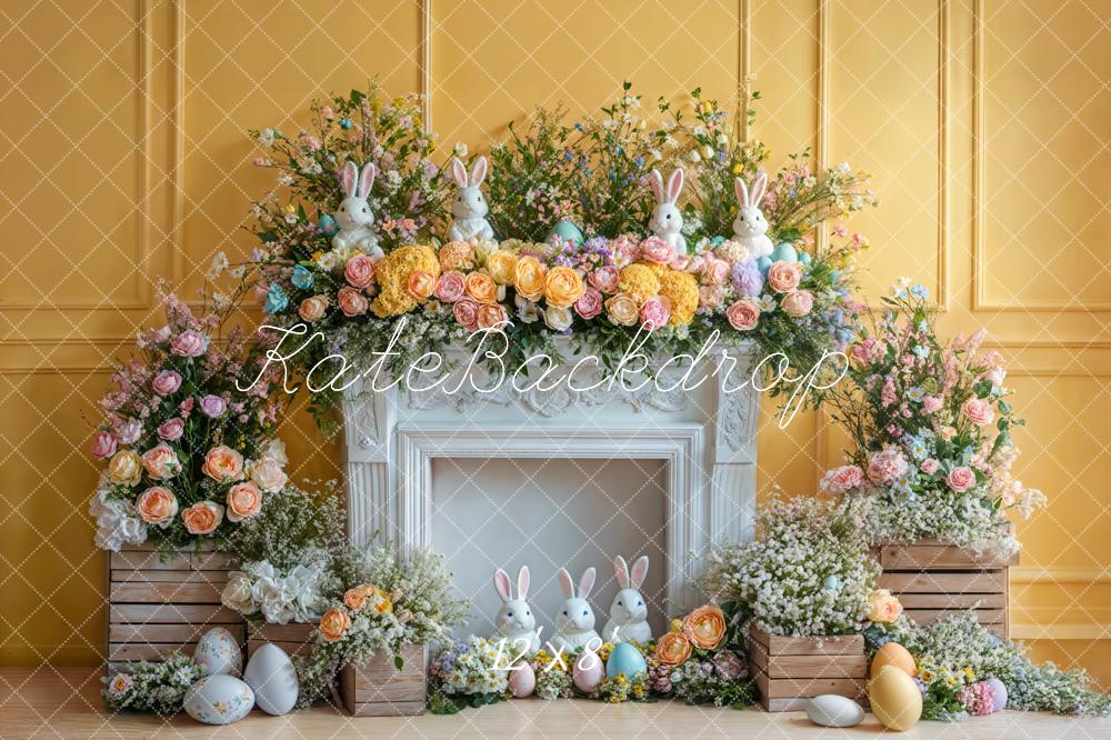 Kate Pâques Lapin Fleur Cheminée Mur Jaune Toile de fond conçue par Emetselch - Kate Backdrop FR