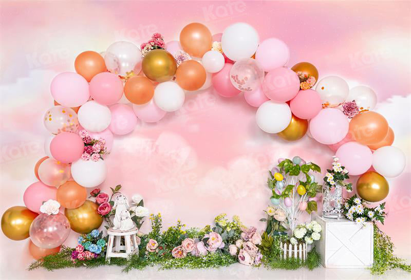 Kate Ballons Pâques Fleurs Rose Lapin Toile de fond pour la photographie - Kate Backdrop FR