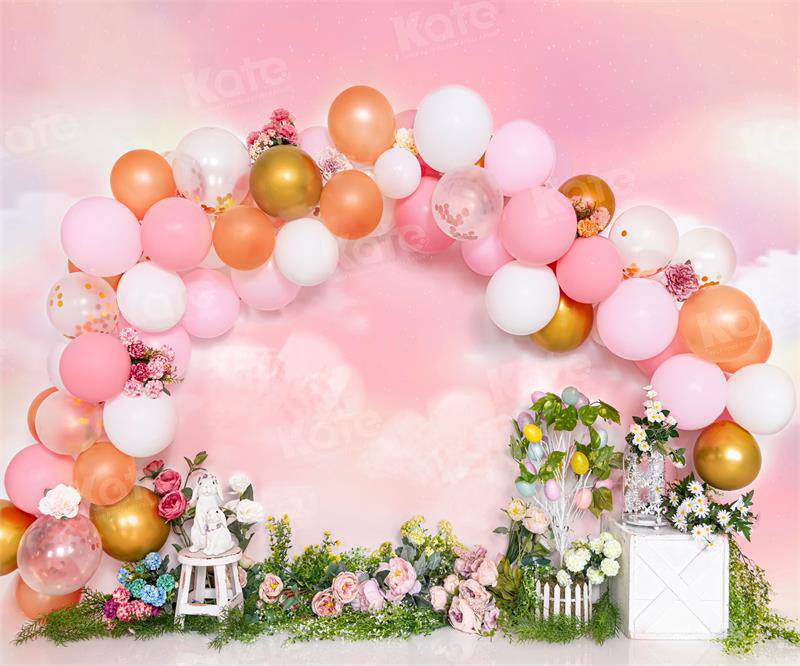 Kate Ballons Pâques Fleurs Rose Lapin Toile de fond pour la photographie - Kate Backdrop FR