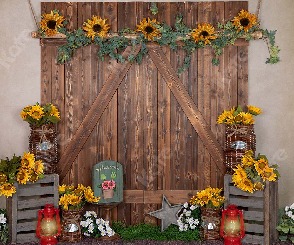 Kate Printemps Brun Porte en bois Fleurs Tournesol Toile de fond pour la photographie - Kate Backdrop FR