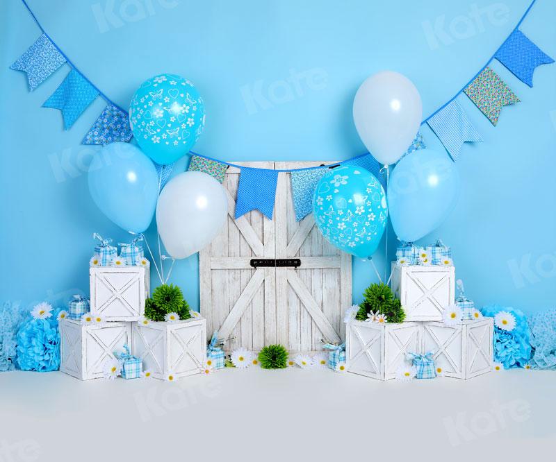 Kate Cake smash Ballons Bleu Blanc Anniversaire Toile de fond pour la photographie - Kate Backdrop FR